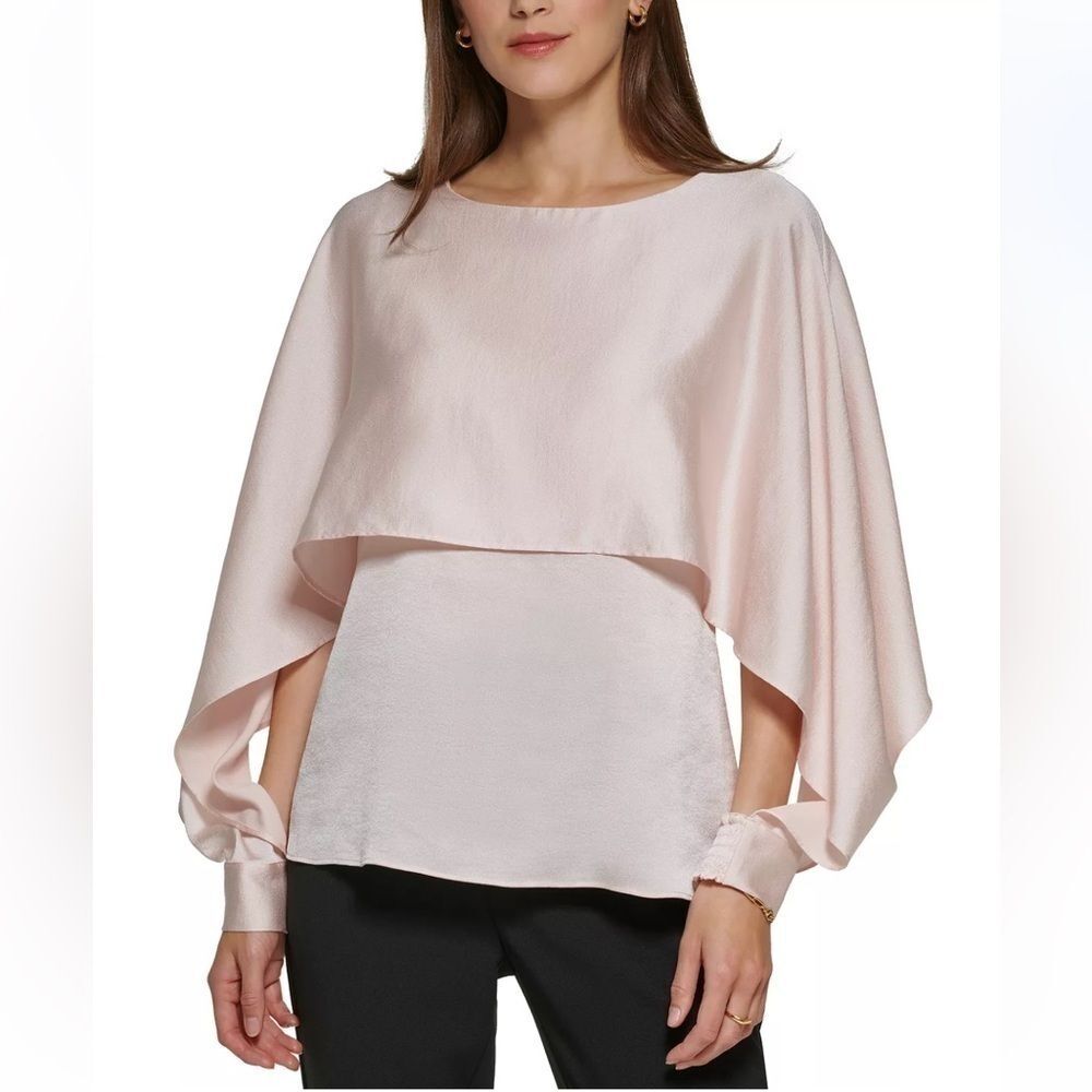 DKNY Smocked-Cuff Pink Overlay Tank Romantic Blouse. Size Small.